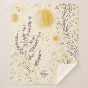 Whimsischer Lavendel und gelbes Blumenmuster Sherpadecke