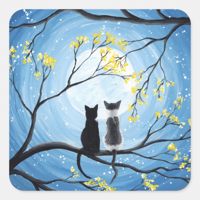 Whimsischer Mond mit Katzen Quadratischer Aufkleber (Vorderseite)