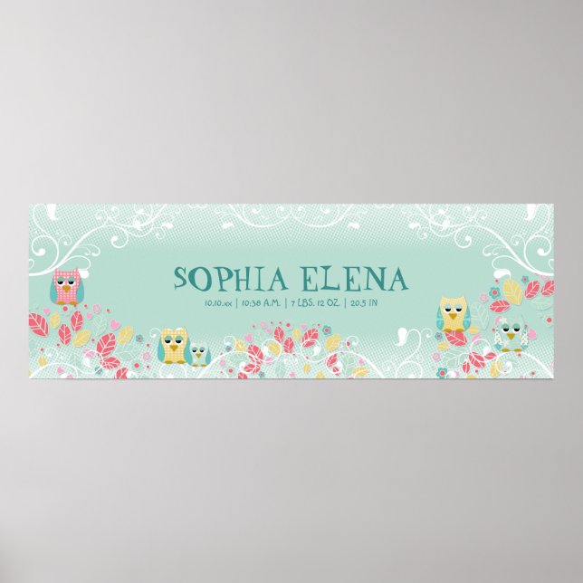 Whimsischer Niedlicher Spaß wirbeln Owls Baby Name Poster (Vorne)