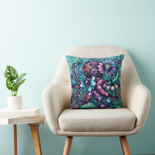 Whimsischer Octopus Floral Aquamarine Lila blaue K Kissen