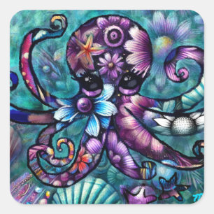Whimsischer Octopus Floral Aquamarine Lila blaue K Quadratischer Aufkleber