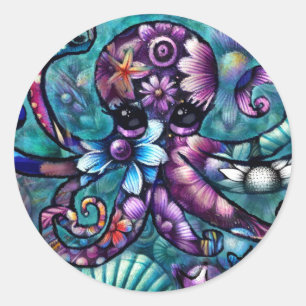 Whimsischer Octopus Floral Aquamarine Lila blaue K Runder Aufkleber