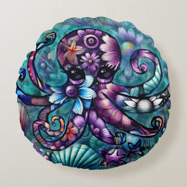 Whimsischer Octopus Floral Aquamarine Lila blaue K Rundes Kissen (Vorderseite)