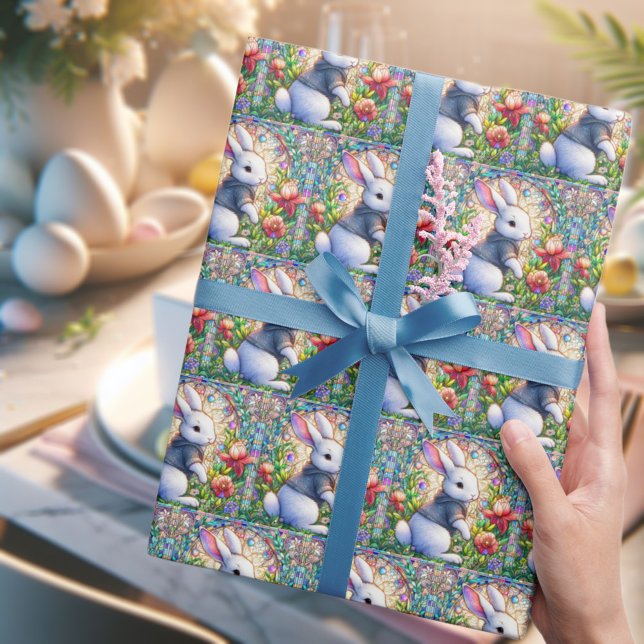 Whimsischer Osterfarbenfroh gestanztes Glas Bunny Geschenkpapier (Von Creator hochgeladen)