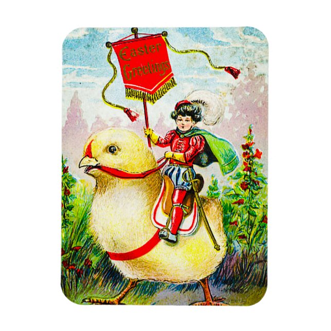 Whimsischer Ostergruss: Rider auf Riesenkick Magnet (Vertikal)