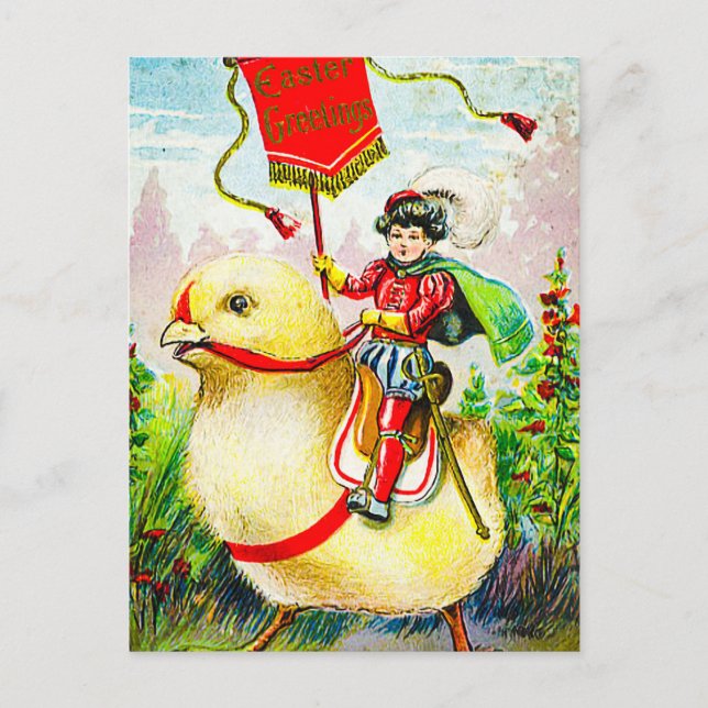 Whimsischer Ostergruss: Rider auf Riesenkick Postkarte (Vorderseite)
