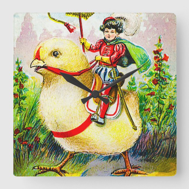 Whimsischer Ostergruss: Rider auf Riesenkick Quadratische Wanduhr (Vorderseite)