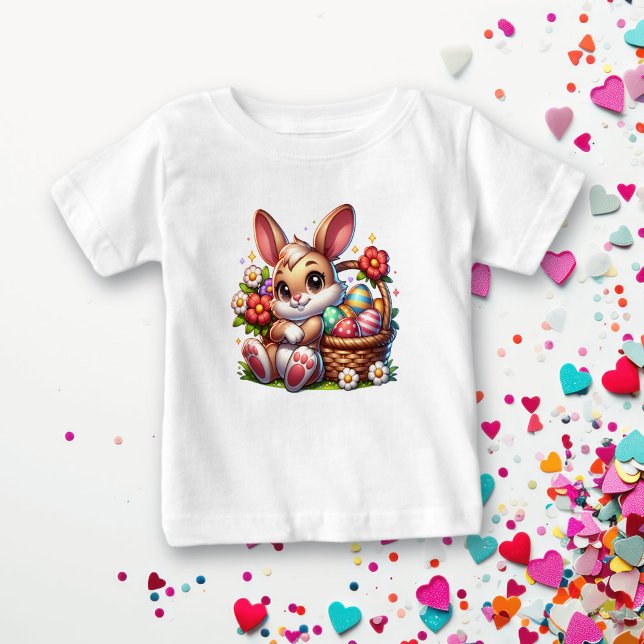 Whimsischer Osterhase mit Basket Personalisiert Baby T-shirt (Von Creator hochgeladen)