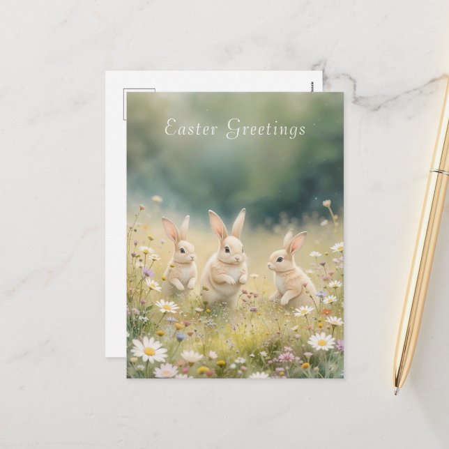 Whimsischer Osterwiese Springtime Bunny Feiertagspostkarte (Vorderseite/Rückseite Beispiel)