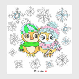 Whimsischer Owls Couple und Schneeflocken Aufkleber