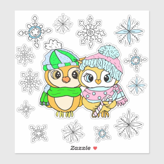 Whimsischer Owls Couple und Schneeflocken Aufkleber (Blatt)