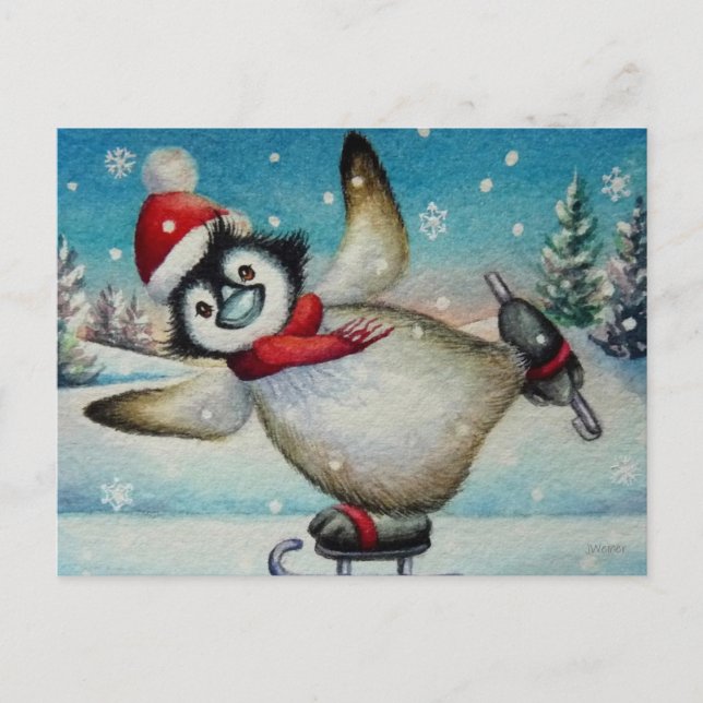 Whimsischer Pinguin Ice Skaten Wasserfarben Kunst, Postkarte (Vorderseite)