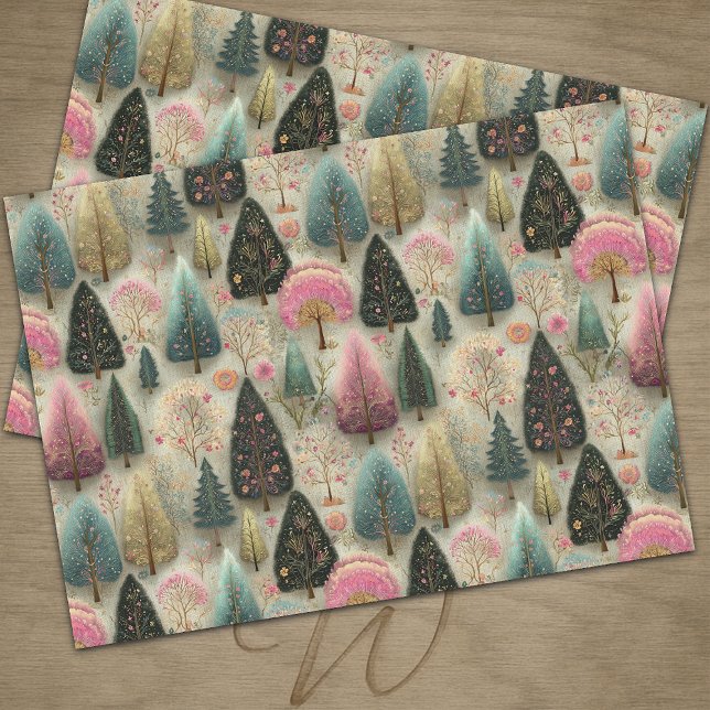 Whimsischer rosa und grüner Weihnachtsbaum-Geschen Seidenpapier (Von Creator hochgeladen)