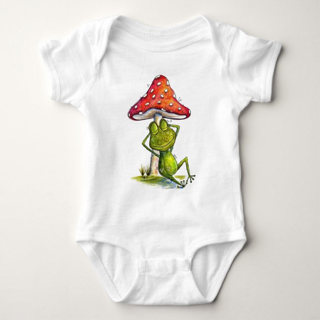 Whimsischer Schlaffrosch unter einem Pilz Baby Strampler (Vorderseite)