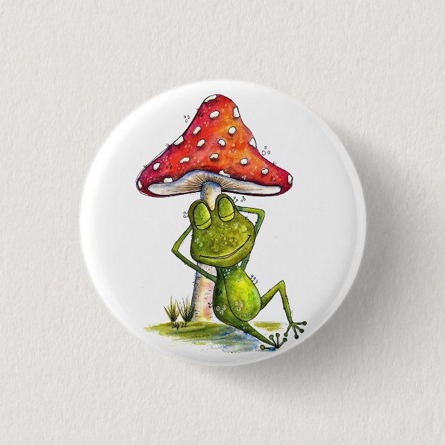 Whimsischer Schlaffrosch unter einem Pilz Button (Vorderseite)