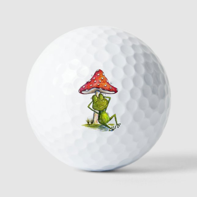 Whimsischer Schlaffrosch unter einem Pilz Golfball (Vorderseite)