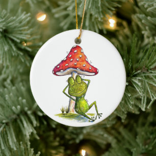 Whimsischer Schlaffrosch unter einem Pilz Keramik Ornament