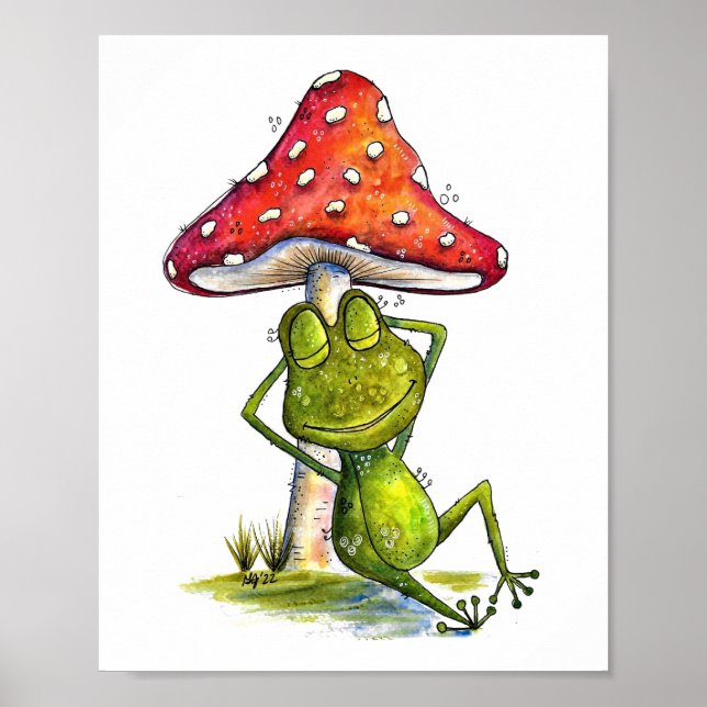 Whimsischer Schlaffrosch unter einem Pilz Poster (Vorne)
