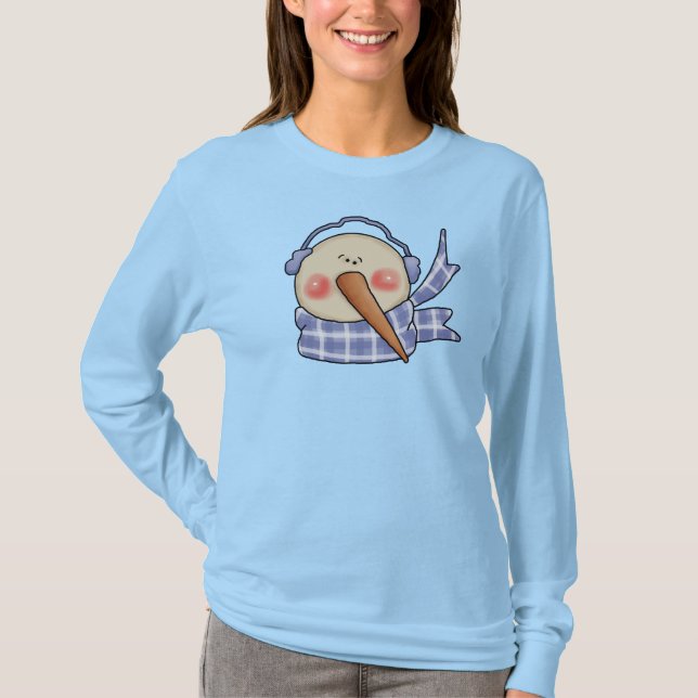 Whimsischer Schneemann mit blauem Schokoladengrabe T-Shirt (Vorderseite)