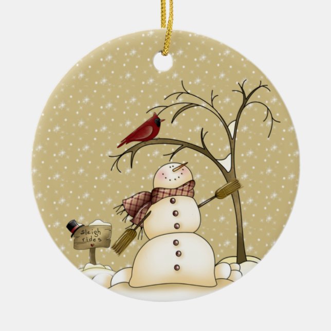 Whimsischer Schneemann und Red Bird Weihnachten Keramik Ornament (Vorne)