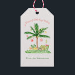 Whimsischer tropischer Weihnachtsbeleuchtung Urlau Geschenkanhänger<br><div class="desc">Whimsical Tropical Weihnachten Lichter Urlaubsszene in lustigen Tönen von Korallen,  Pfirsich und Grün. Die farbenfroh dekorierte Palme hat Licht und viele Geschenke darunter und sendet eine warme Urlaubsbotschaft. Personalisieren Sie mit Ihrem Namen. Weitere passende und koordinierende Gegenstände finden Sie in der Kollektion "Warmest Holiday Wishs".</div>
