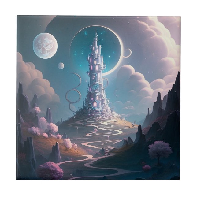Whimsischer Turm Landschaft Fantasy Art Fliese (Vorderseite)