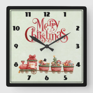 Whimsischer Vintage-Weihnachtszug mit Spielzeug Quadratische Wanduhr