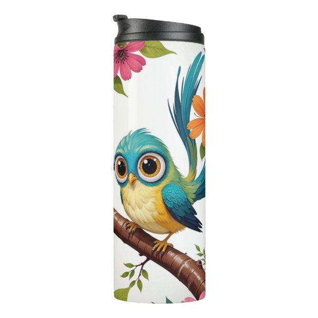 Whimsischer Vogel und Blütentumor Thermosbecher (Nach rechts gedreht)