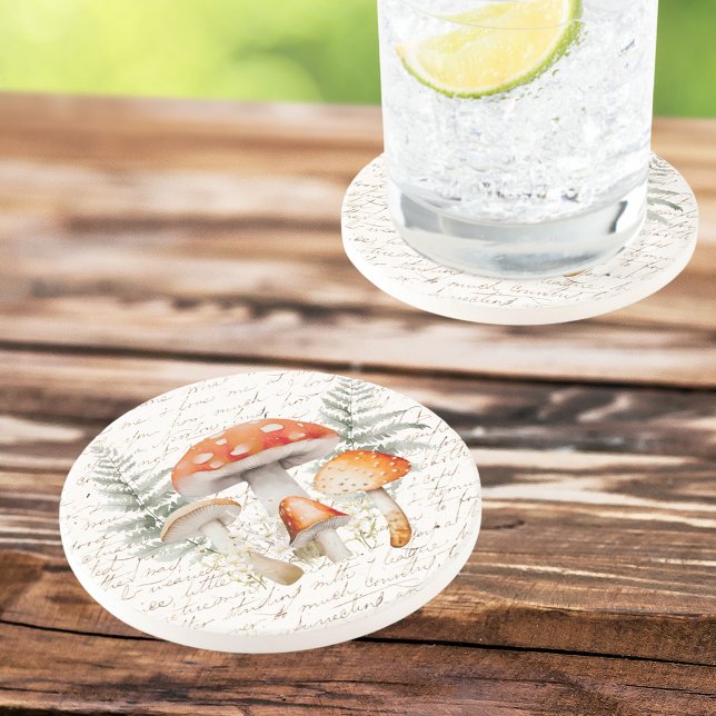 Whimsischer Wald Pilz Vintag Bauernhof Getränkeuntersetzer (In situ, on wood table)