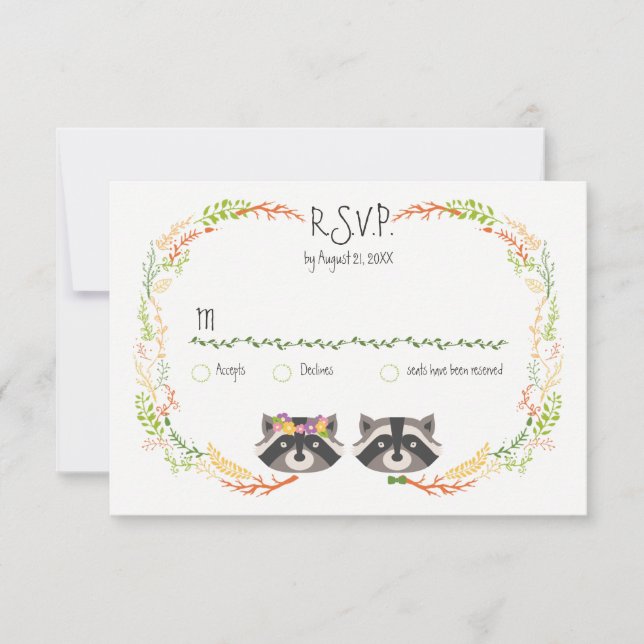 Whimsischer Wald Raccoons Rustic Wedding RSVP (Vorderseite)