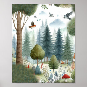 Whimsischer Wasserfarbenwald Tierkids-Kinderzimmer Poster