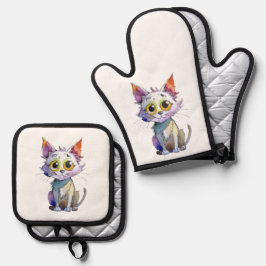 Whimsischer Wasserfarbkatze Ofenhandschuh & Topflappen-Set