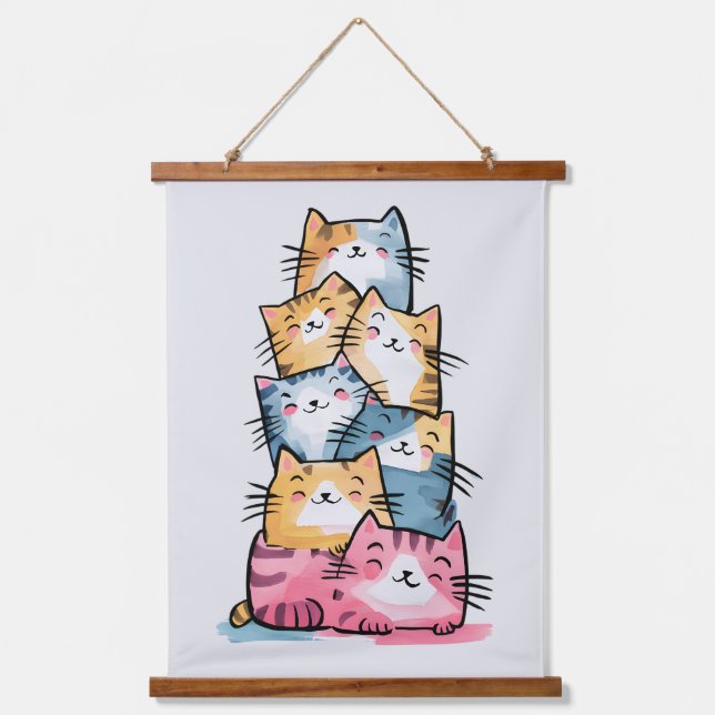 Whimsischer Wasserfarbkatzen Moderne Wandteppich Mit Holzrahmen (Vorderseite)