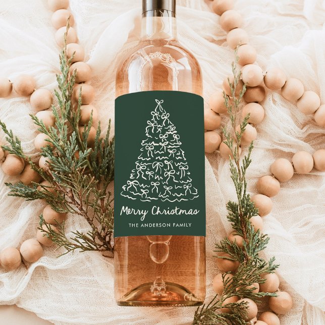 Whimsischer Weihnachtsbaum Bows Pine Green Holiday Weinetikett (Von Creator hochgeladen)
