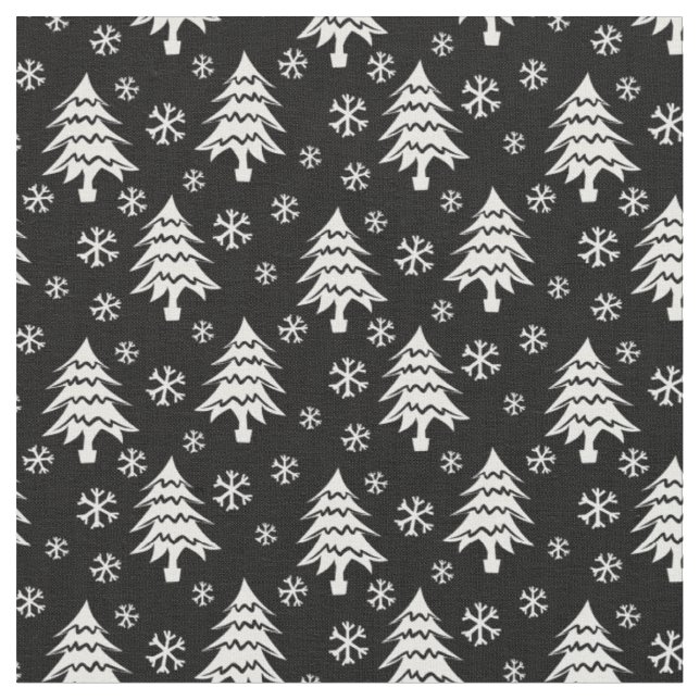 Whimsischer Weihnachtsbaum Schneeflocken Weiß Schw Stoff (Nahaufnahme)