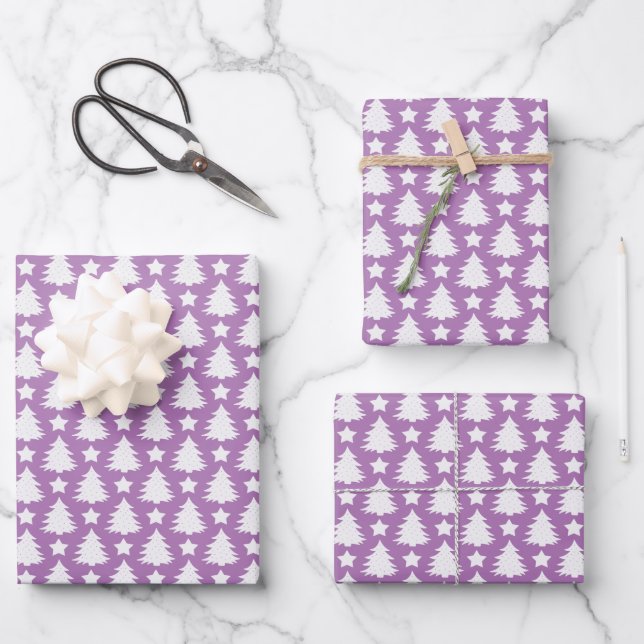 Whimsischer Weihnachtsbaum Star Lila White Geschenkpapier Set (Vorderseite)