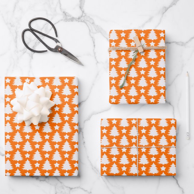 Whimsischer Weihnachtsbaum Star Orange White Geschenkpapier Set (Vorderseite)