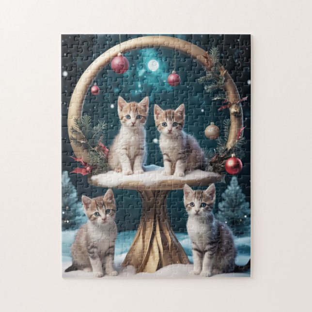 Whimsischer Weihnachtskittens auf Gold Stand Puzzle (Vertikal)