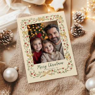 Whimsischer Weihnachtskranz & Bows Fotokarte Feiertagskarte