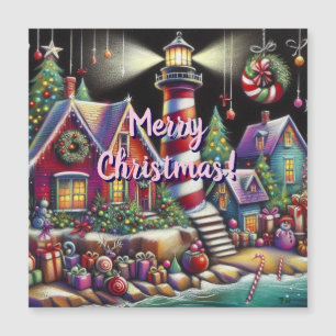 Whimsischer WeihnachtsLeuchtturm Magnetkarte