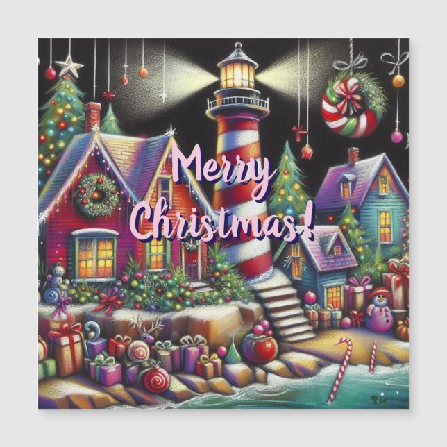 Whimsischer WeihnachtsLeuchtturm Magnetkarte (Vorderseite)