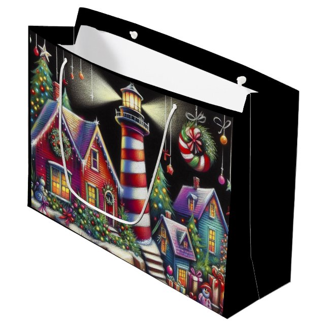 Whimsischer WeihnachtsLeuchtturm Rotes Rosa Lila Große Geschenktüte (Vorderseite Schrägansicht)