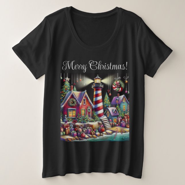Whimsischer WeihnachtsLeuchtturm Rotes Rosa Lila Große Größe T-Shirt (Design vorne)