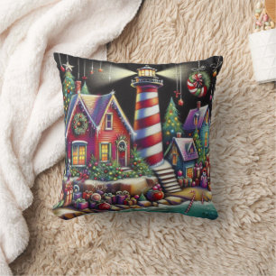 Whimsischer WeihnachtsLeuchtturm Rotes Rosa Lila Kissen