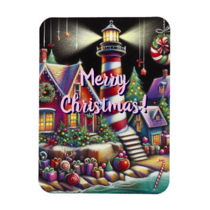Whimsischer WeihnachtsLeuchtturm Rotes Rosa Lila Magnet