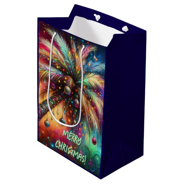 Whimsischer Weihnachtspalme Tree Tropical Beach Vi Mittlere Geschenktüte (Vorderseite Schrägansicht)