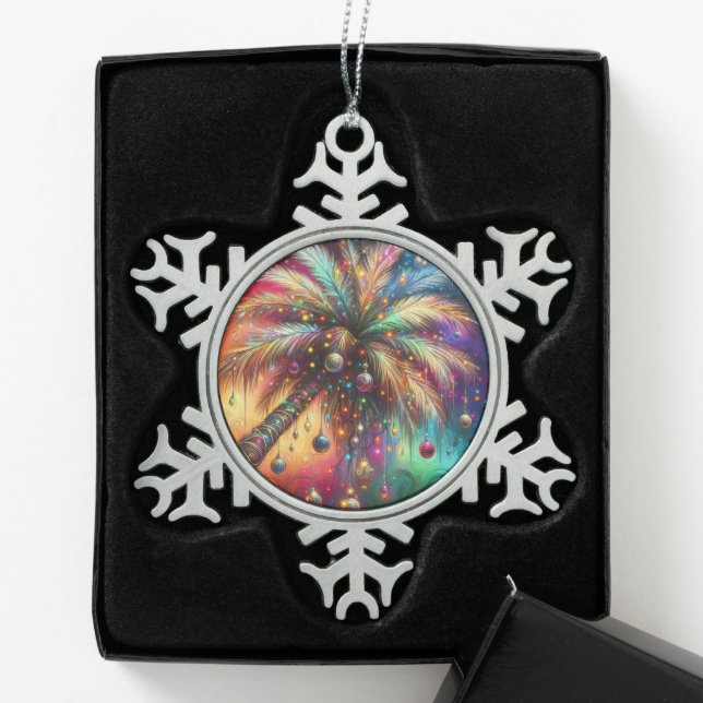 Whimsischer Weihnachtspalme Tree Tropical Beach Vi Schneeflocken Zinn-Ornament (Box)