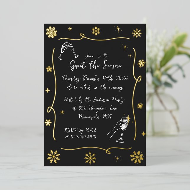 Whimsischer Weihnachtsurlaub Winter Cocktail Party Folieneinladung (Stehend vorne)