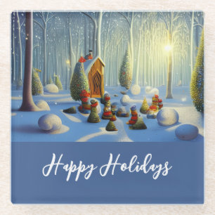 Whimsischer Weihnachtswald Szene Glasuntersetzer