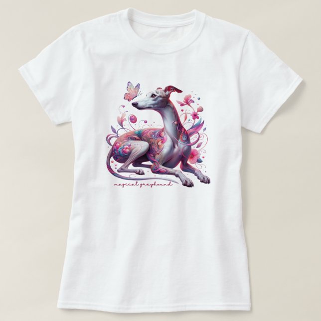 Whimsischer Windhund mit Blume und Schmetterling T-Shirt (Design vorne)